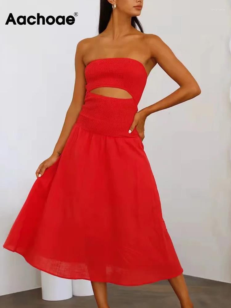 

Casual Dresses Aachoae Women Sexy Solid Color Midi Fashion Strapless Backless Party A Line Ladies Club Dress Summer, Red