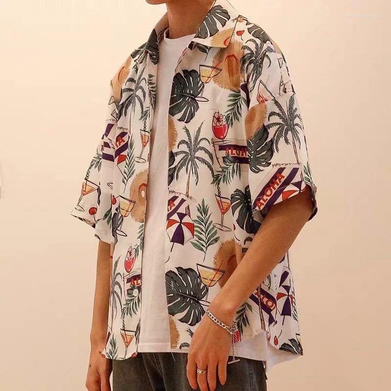 

Men's Casual Shirts Summer Men's Printed Oversized Short Sleeve Shirt Beach Quick Drying Loose Hawaiian Holiday Touring, 08 flower hat white