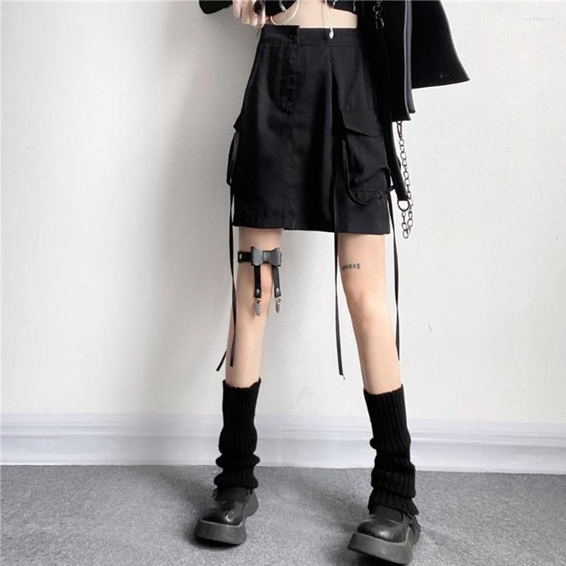 

Skirts Ribbon Big Pocket Strappy Short Skirt Female Summer Black Miniskirt High Waist Slim A-line