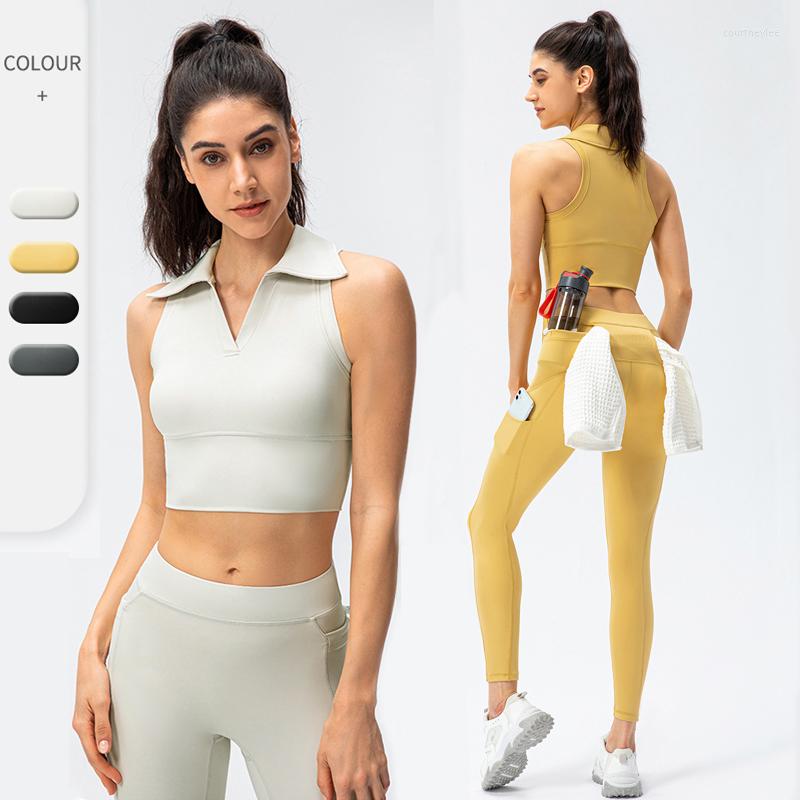 

Active Sets Women Two Pieces Fitness Yoga Set Fashion Workout Suit Sleeveless Lapel Crop Top Multi-Pockets Leggings Female Sportswear, Yellow