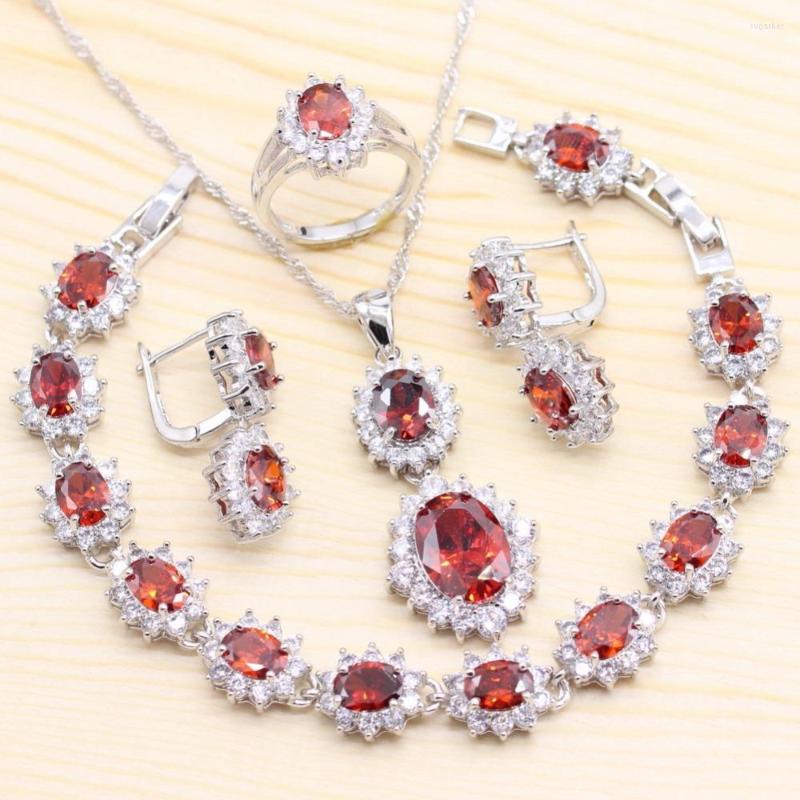 

Necklace Earrings Set 925 Silver Red Zirconia Wedding Jewelry For Women Flower Shape Long Pendant Ring Hoop Bracelet Gift Box, Picture shown