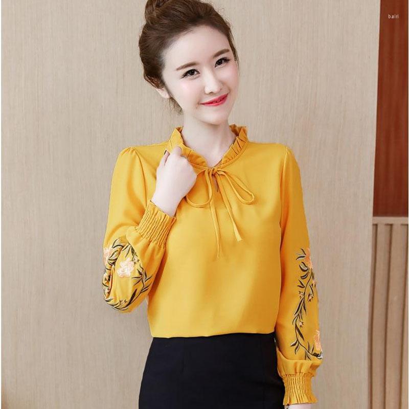 

Women' Blouses Embroidery Women Summer Style Chiffon Shirts Lady Casual Long Sleeve Patchwork Blusas Top Feminina DD2279, Yellow