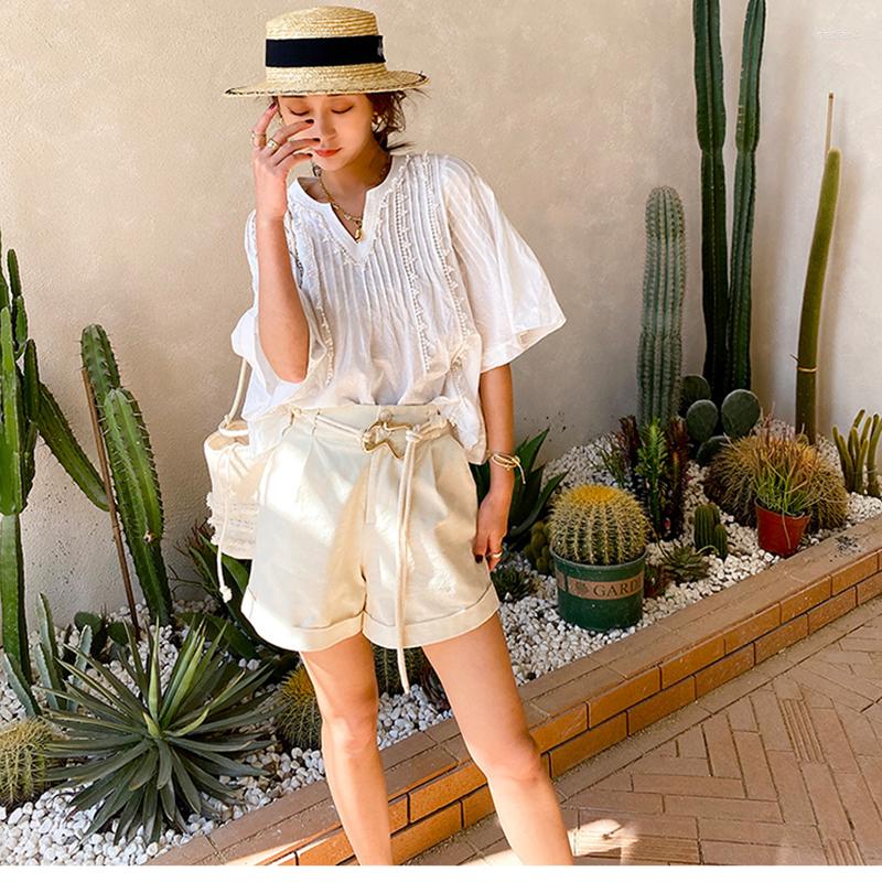 

Women' Blouses Summer Pure Shirt Elegant Women Tops Ladies V-Neck Flared Half Sleeve Blouse Holiday Loose Boho Beach White Fashion French