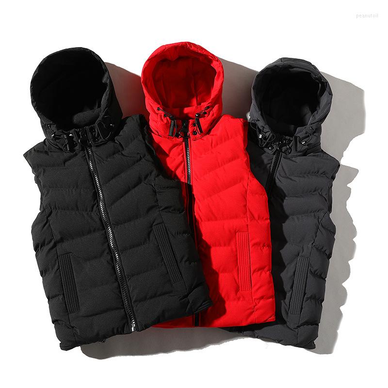 

Men's Down Winter Fashion Trend Hooded Sleeveless Jacket Men Detachable Hat Vest Cotton, Black396
