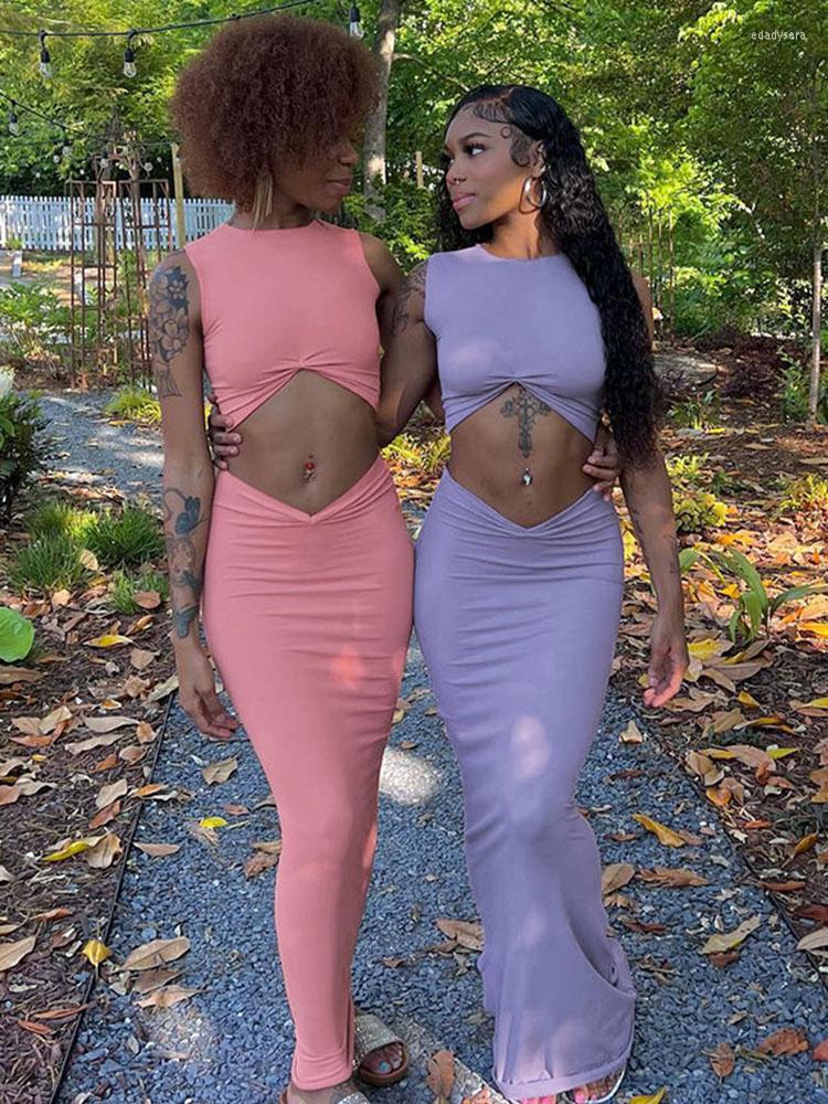 

Work Dresses Sexy Summer Sleeveless O Neck 2 Piece Set Matching Outfits For Women 2023 Elegant Ruched Bodycon Crop Top And Long Skirt Sets, Purple