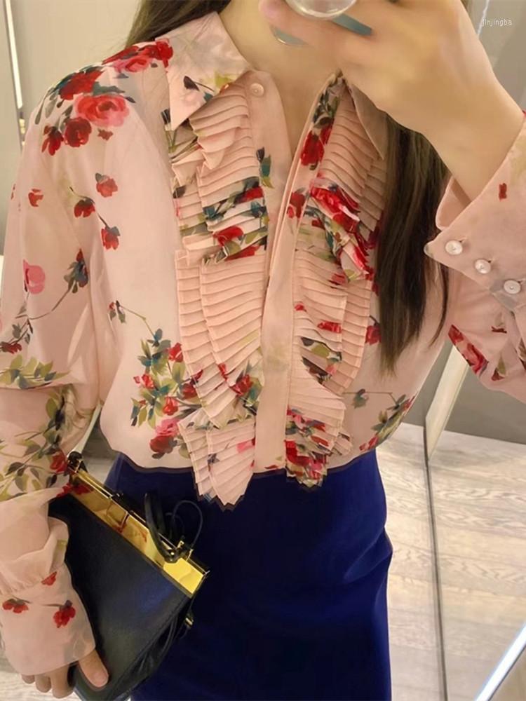 

Women's Blouses Women's Two Pieces Set Pleated Shirt Floral Print Covered Buttons Top 2023 Autumn Turn-down Collar Long Sleeve Blouse, Pink