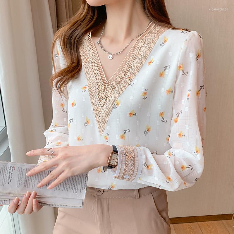 

Women' Blouses 2023 V-neck Korean Floral Printed Chiffon Top Long Sleeve Shirt Blusa Mujer Female Elegant Tops Ladies Lace Office 2164, White