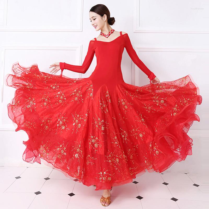 

Stage Wear Standard Ballroom Dance Dress Women Tango Flamenco Waltz Dancing Skirt Lady's Long Sleeve Competition Dresses, Red