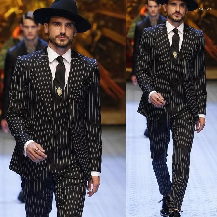 

Men's Suits Men Suit Tailor-Made 3 Pieces Black Pinstripe Blazer Vest Pants Wedding Business Formal Causal From Daily Tailored