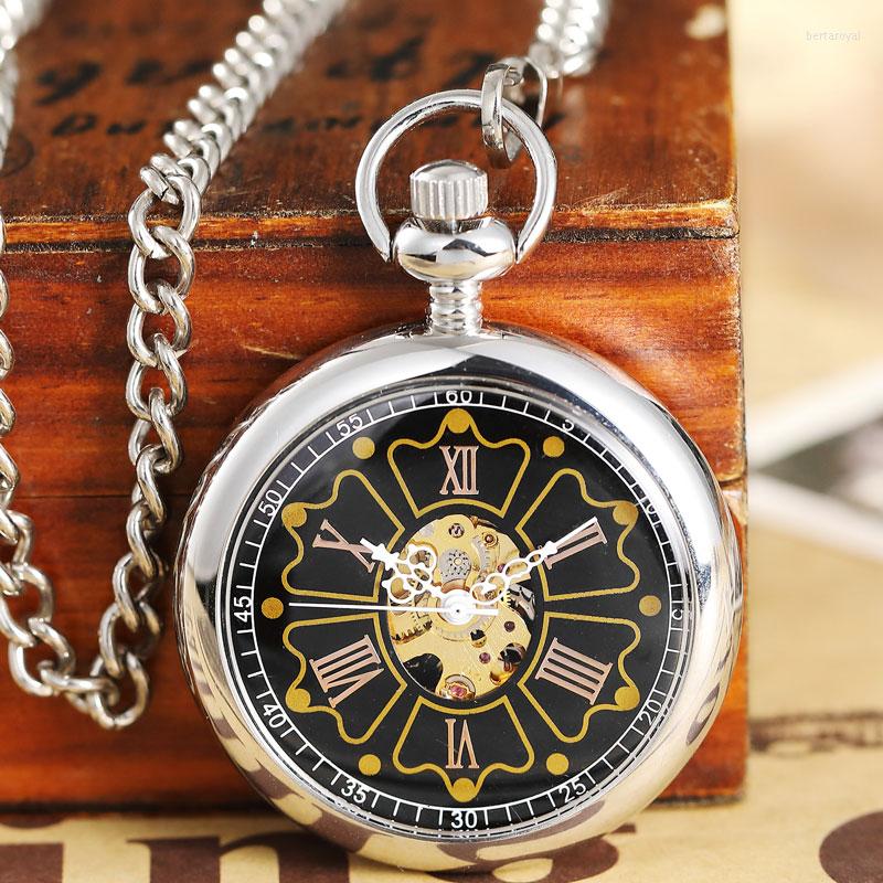 

Pocket Watches Small Crown Vintage Steampunk Mechanical Watch Hand Wind Sliver Golden Male Lady Hollow Fob Chain Clock For Mens Women