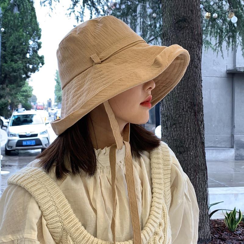 

Berets Spring Summer Tie Bucket Hat Women Korean Version Big Brim Fisherman Foldable Sunshade Sunscreen Cotton Beach Ladies, Yellow