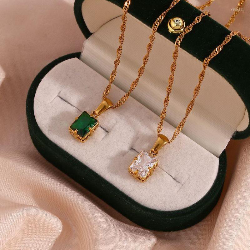 

Pendant Necklaces Tarnish Free Dainty Rectangle Christmas Cubic Zirconia For Women Green Pink Clear Stone Gem Necklace Jewelry