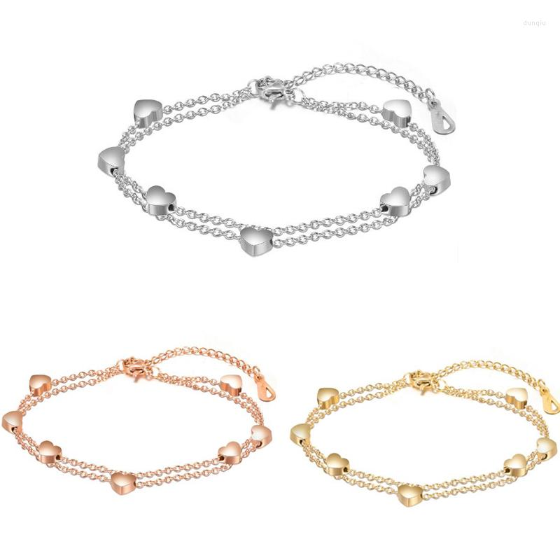 

Charm Bracelets Fashion Heart Double Layer Bracelet&Anklet For Women Adjustable Temperament Stainless Steel Chain Jewelry Wholesale