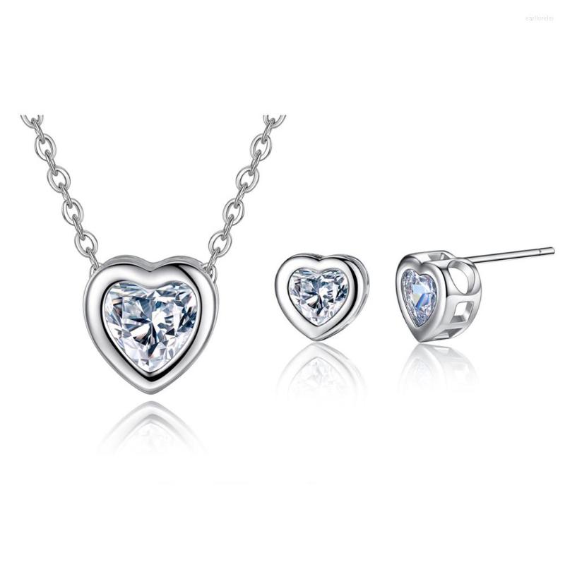 

Necklace Earrings Set Comes Romantic Heart White CZ Silver Fashion Women Jewelry Wedding Anniversary Engagement Lovers Gift Wholesale, Picture shown