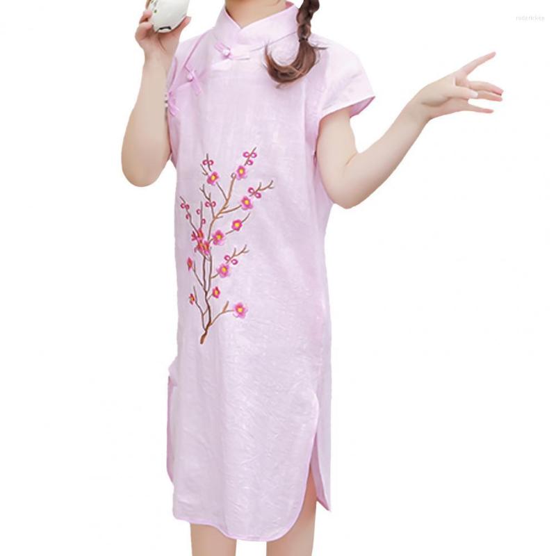 

Ethnic Clothing Girl Short Sleeve Cheongsam Chinese Style Embroidery Cotton Dress For Year