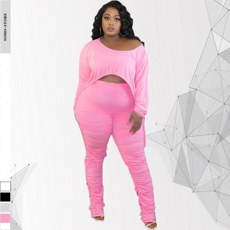 

Tracksuits Autumn Women's Plus Size Clothing Round Neck Pleated Drawstring Long Sleeved Solid Color Tight Pants Suit Wholesale Drop, Black