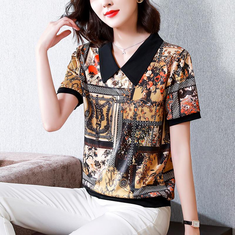 

Women's Blouses Mother Floral Women Short Sleeve Satin Shirts Blusas Mujer Blouse
