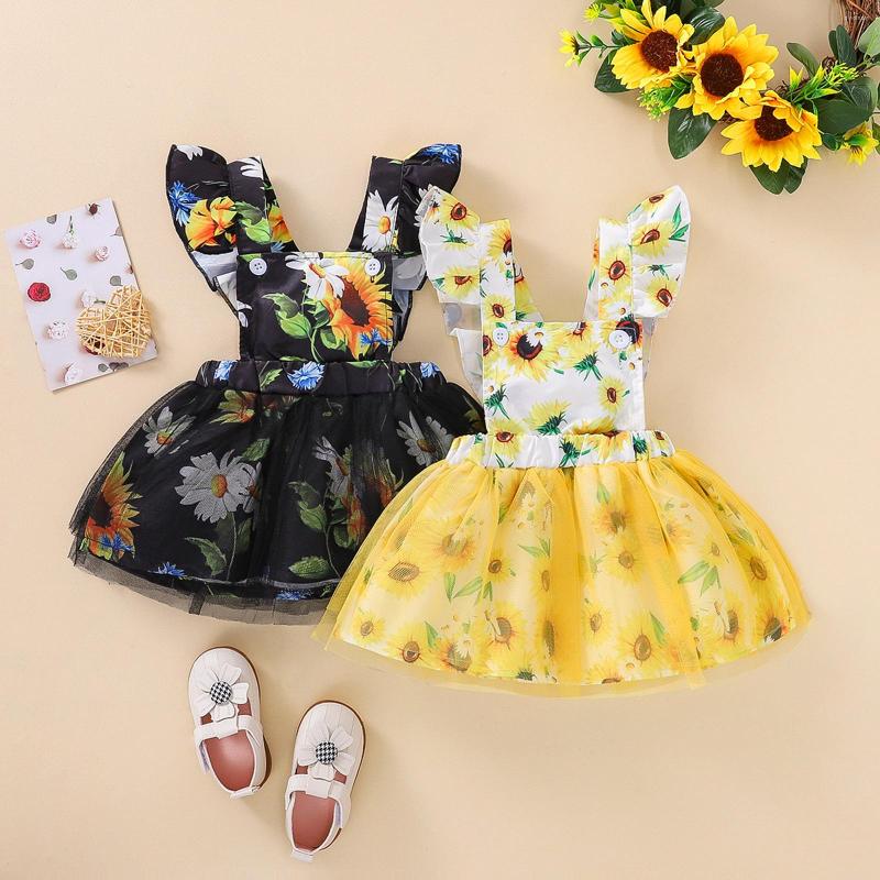 

Girl Dresses 3-24M Cute Infant Girls Playsuit Dress Sunfower Print Sleeve Backless Tulle Summer Kids Holiday Outfit, Black