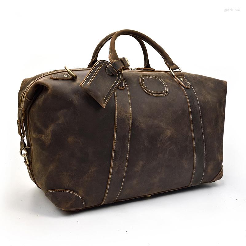 

Duffel Bags Men Big Travel Bag Durable Thick Crazy Horse Genuine Leather Vintage Retro Weekend Luggage Large Shoulder, Brown 50cm