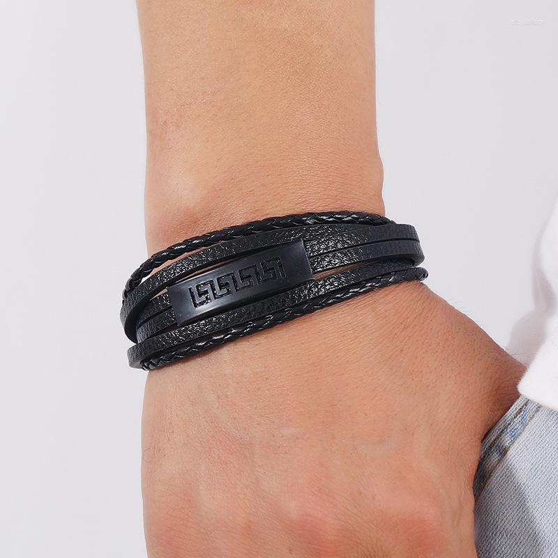

Charm Bracelets Great Wall Pattern Stainless Steel Wrapped Pipe Leather Rope Bracelet Men's Magnet Clasp Multi-layer Simple Woven Black