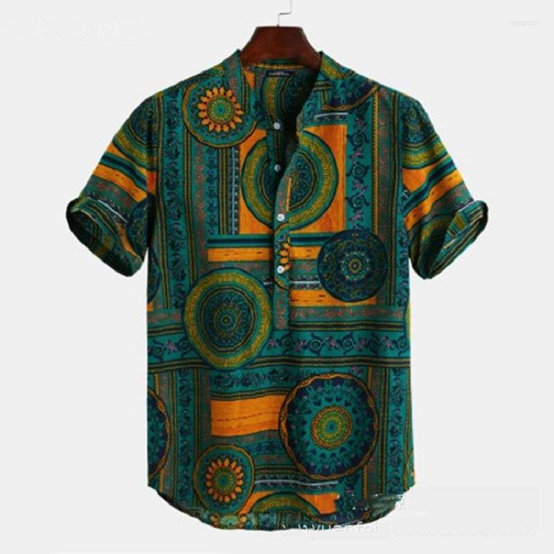 

Men's Casual Shirts Summer Cotton Men Shirt Ethnic Geometry Print Short Sleeve Male Fashion Loose Beach Pullover Top, Coffee