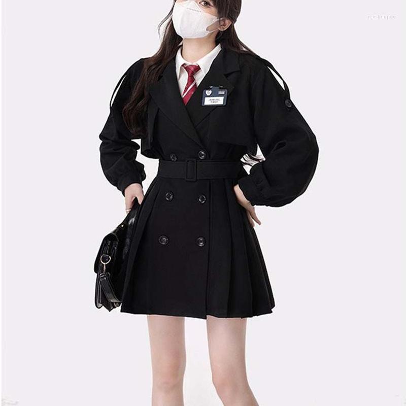 

Women's Trench Coats Black Women Girl 2023 Autumn Preppy Style Turn Collar Solid Double-Breasted Pleasted Loose Coat Female Jacket