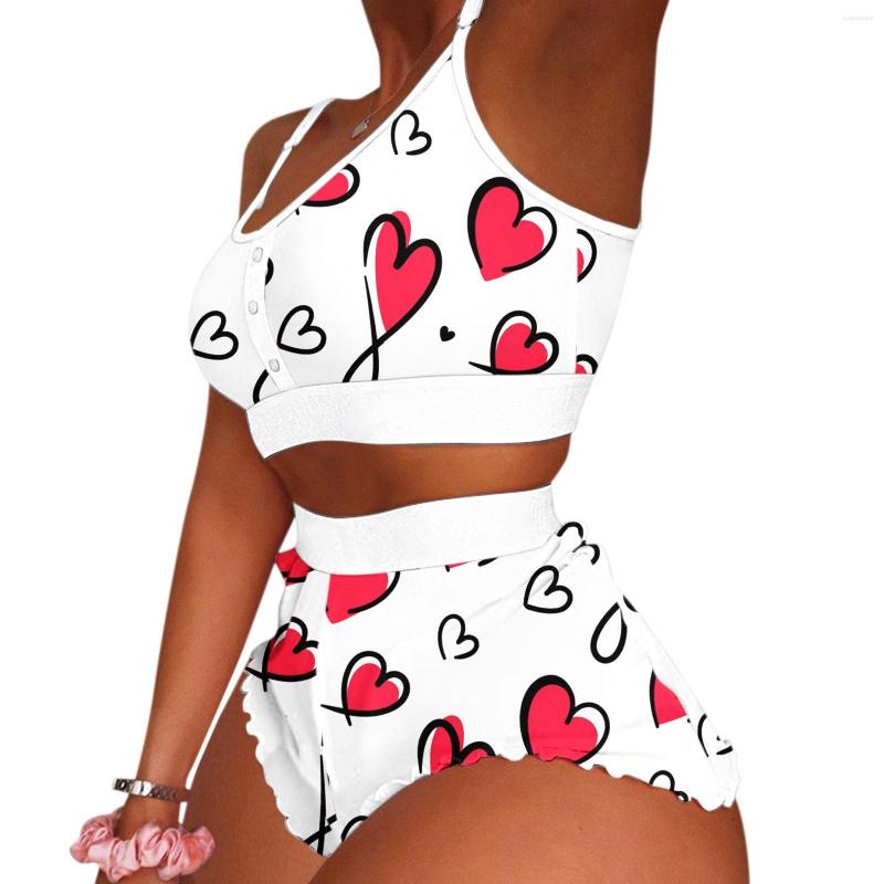 

Women' Tracksuits Women Nightwear Sexy Ladies Lingerie Valentine' Day Print Split Suspender Shorts Two-piece Suit Intimates Short Sets, Army green