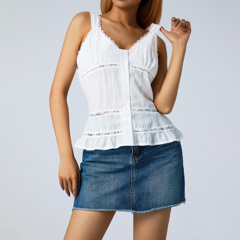 

Women' Tanks Lace Trim Splicing Summer Camisole Solid Color V-Neck Skinny Decor Ruffle Hem Button Down Casual Wild Female Sling Tops, White