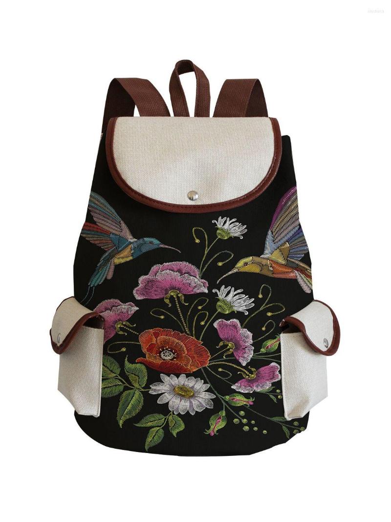 

School Bags Miyahouse Female Fashion Floral Print Linen Backpacks Women Drawstring Design Travel Rucksack Girls Black Shoulder Schoolbag, Sj1548f floral