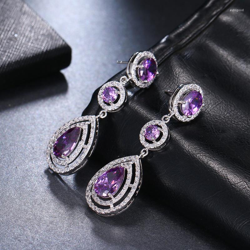 

Dangle Earrings GMGYQ Luxury Charming Purple Cubic Zircon Water Drop Shape For Women Fashion Wedding Party Jewelry Gift