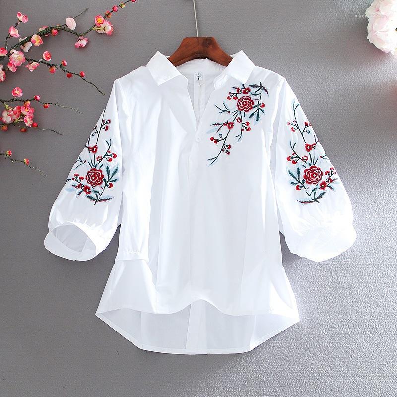 

Women's Blouses Casual Shirts Spring/autumn Literary Retro Embroidery Lantern Sleeve Flower Single-piece Set Women's Shirt, Blue