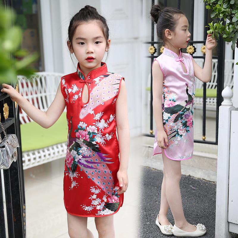 

Ethnic Clothing Children Performance Mini Dress Sleeveless For Girls Kid Tang Qipao Cheongsam Chinese Style Floral Print Princess Beach