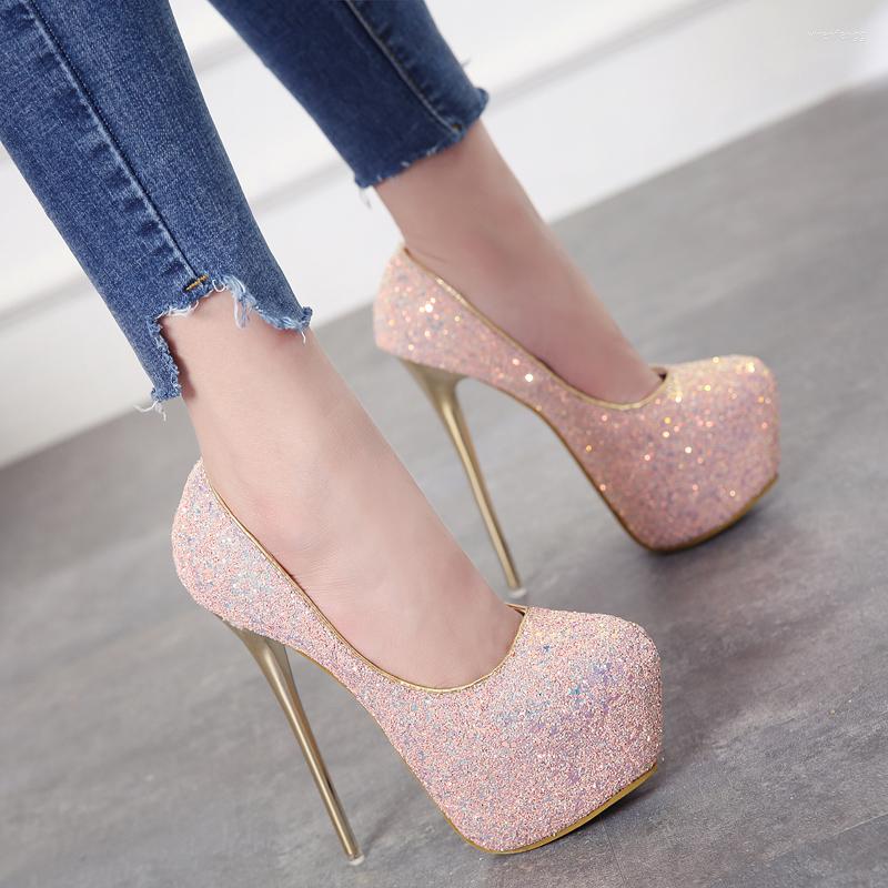 

Dress Shoes 2023 Platform 16cm Ultra High Heels Woman Sexy Bling Pumps Party Black Pink Blue Size 34-45 Women
