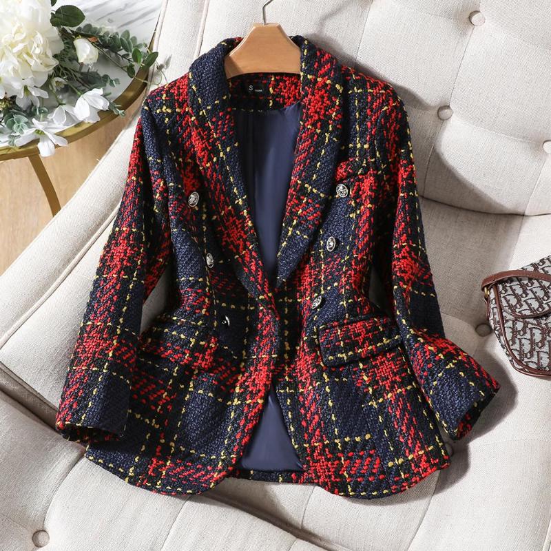 

Women' Suits High Quality Thick Winter Blazer Women Fashion Ladies Red Blue Plaid Coat Female Slim Casual Single Breasted Jacket, Red plaid blazer