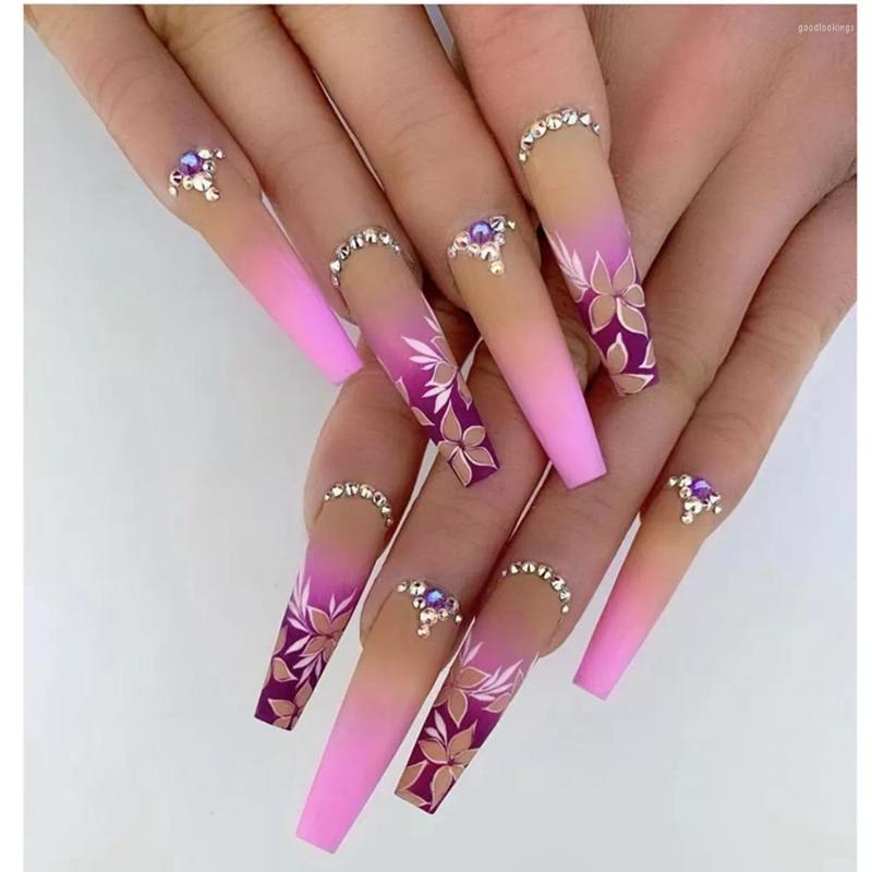 

False Nails IN Extra Long Coffin Yellow Flower Designs Rhinestone Ballerina Fake Full Cover Nail Tips Press On, Only fake nails