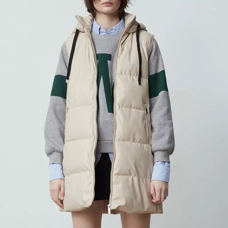 

Women' Vests 2023 Long PU Women Fashion Spring Autumn Hooded Pockets Coats Elegant Beige Casual A Line Female Ladies