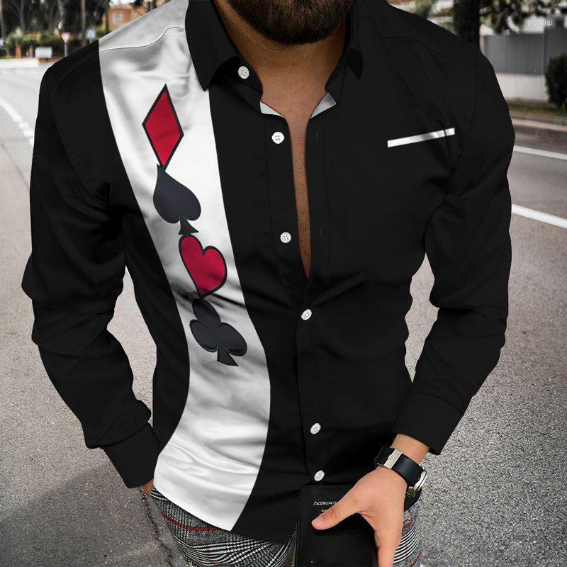 

Men' Casual Shirts Fashion Men Shirt Turn-down Collar Black And White Poker Print Long Sleeve Tops Mens Clothing Streetwear Cardigan, Cx353