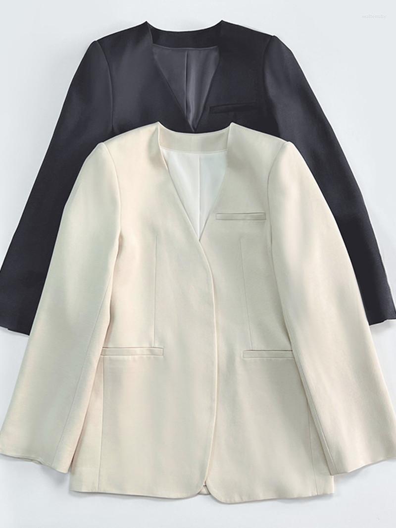 

Women's Suits Women Blazer Buttonless V-Neck Long Sleeve Solid Color Office Lady Suit, Beige