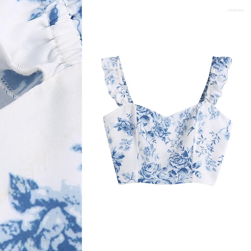 

Women's Tanks Design Women's Fashion Blue And White Porcelain Print Spaghetti Strap Square Collar Short Crop Top Camis Vest XSSML