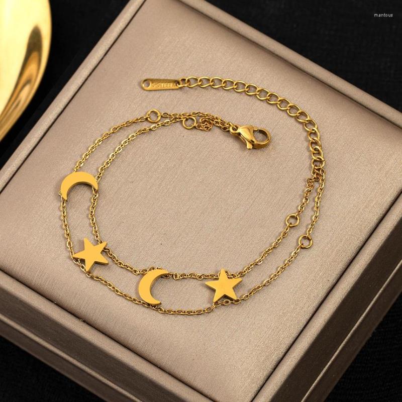 

Link Bracelets 316L Stainless Steel 2023 Fashion Upscale Jewelry 2 Layer Welding Stars Moon Charm Chain Bangles For Women