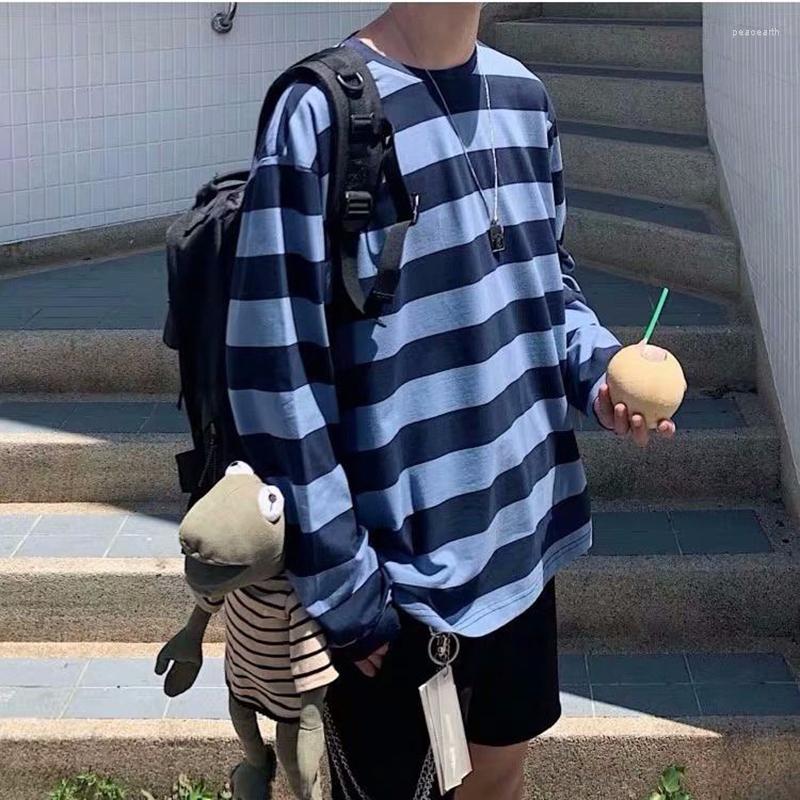 

Men's T Shirts Autumn Summer Striped All-Match Long Sleeve Men Tshirts Loose O Neck Fashion Woman Oversized Harajuku Streetwear, Blue