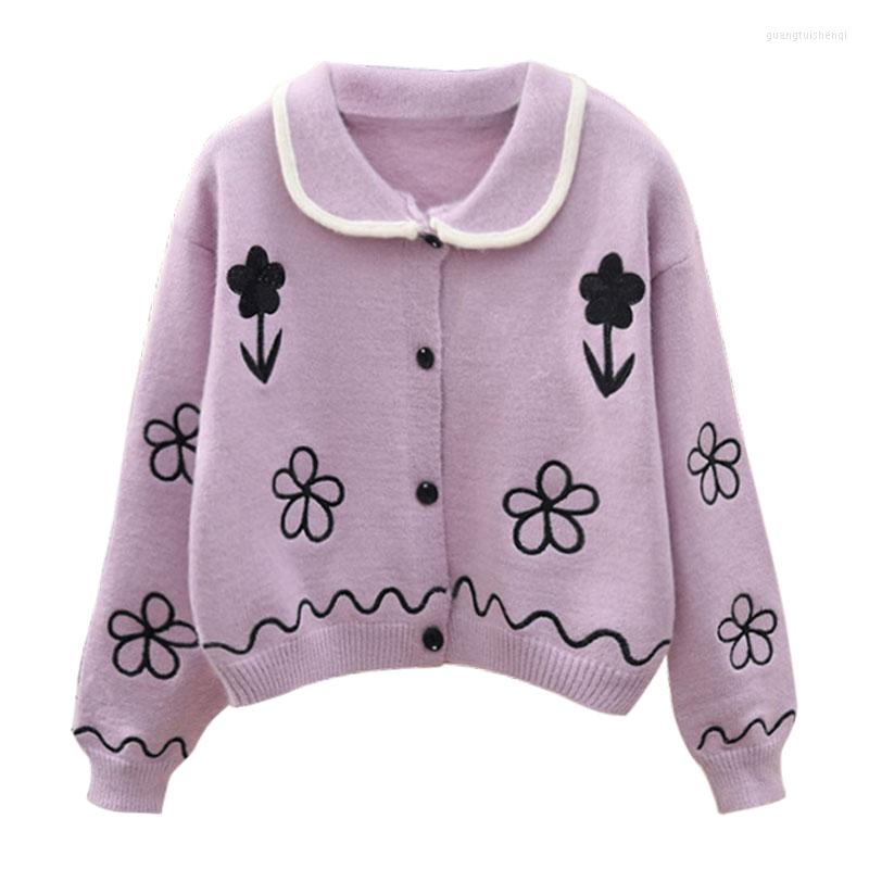 

Women's Knits Women Cropped Cardigan 2023 Winter Floral Embroidery Turn Down Collar Knit Sweater Coat Sexy Cardigans Mujer Knitwear Jacket, Black