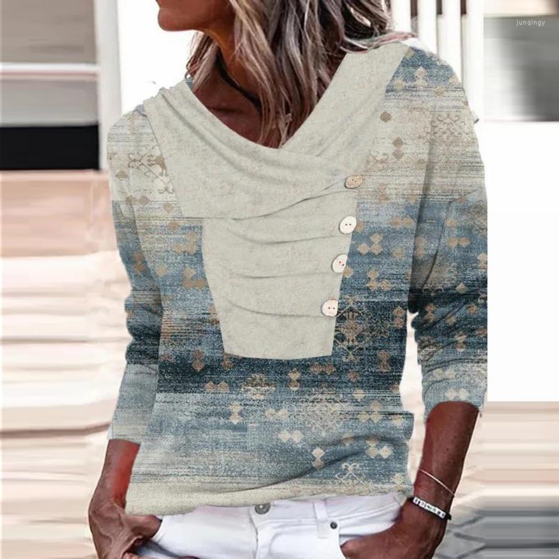 

Women' Blouses Women Harajuku Print Loose Pullover Tops Female Casual V-Neck Blusas Streetwear Vintage Long Sleeve Lapel Button Shirts, 01 print