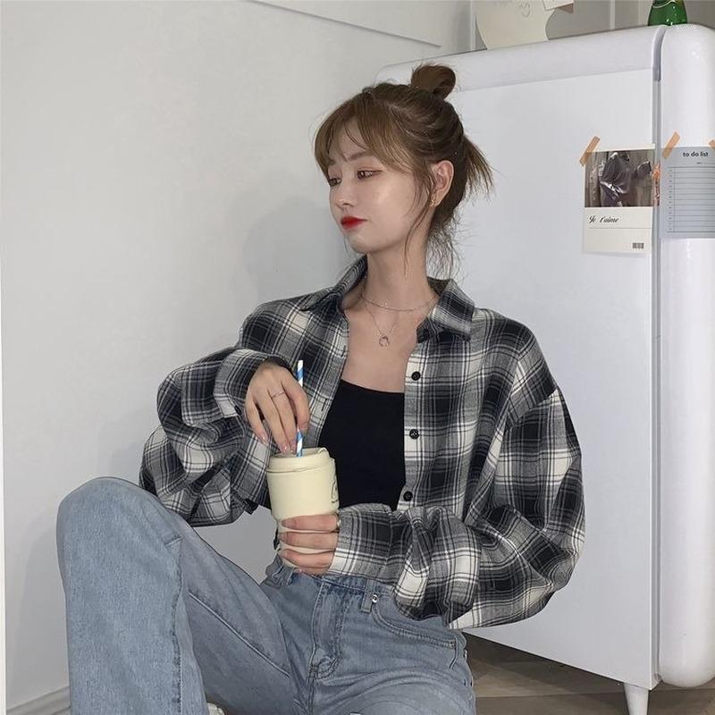 

Women' Blouses Women Plaid Shirts Fashion Turn-down Collar Breasted Long Sleeve Casual Sweet Hara Juku Streetwear Female Short Top, Black