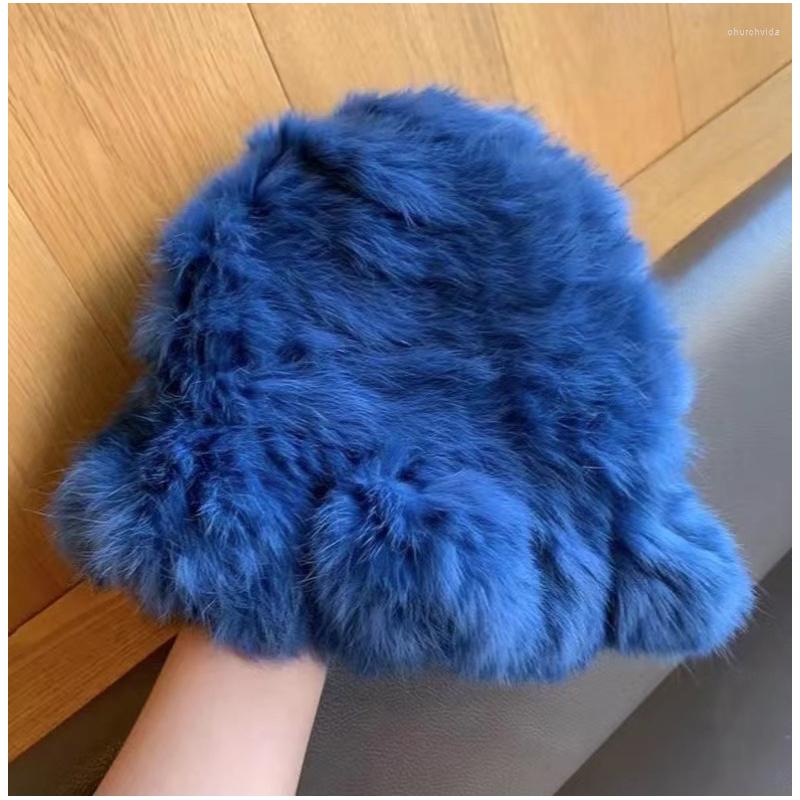 

Berets Real Fur Hats For Women Soft Warm Plush Bucket Hat Fluffy Winter Cap Gorro Luxury, White