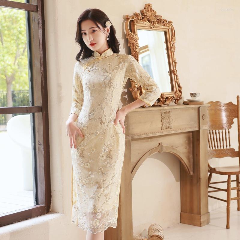 

Ethnic Clothing Spring Autumn Exquisite Embroidery Seven Points Sleeve Lace Chinese Women Qipao Elegant Mandarin Collar Chiffon Cheongsam