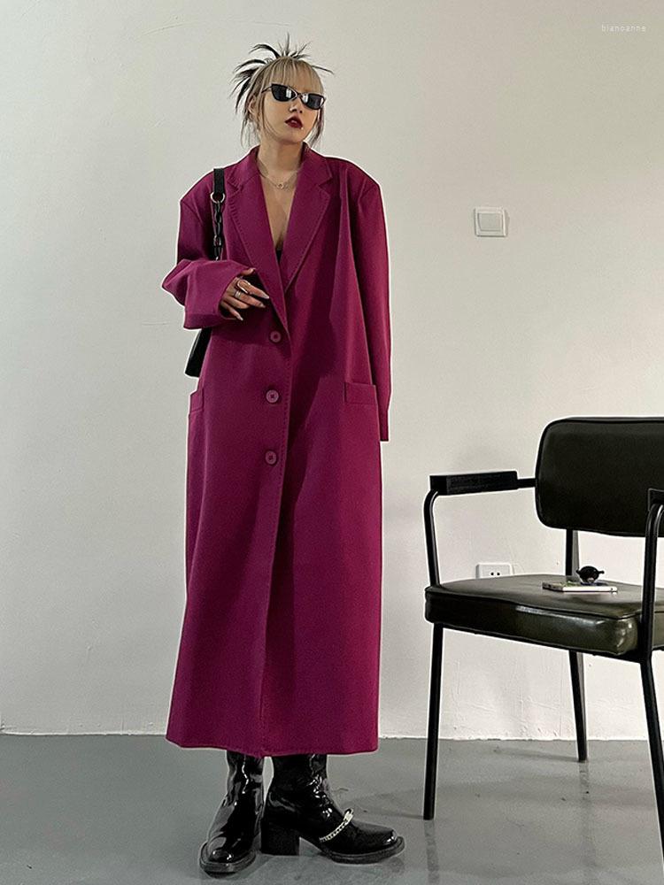 

Women' Trench Coats Spring 2023 Woman Autumn Loose Long Jacket Single-breasted Flap Poclets Purple Overcoats