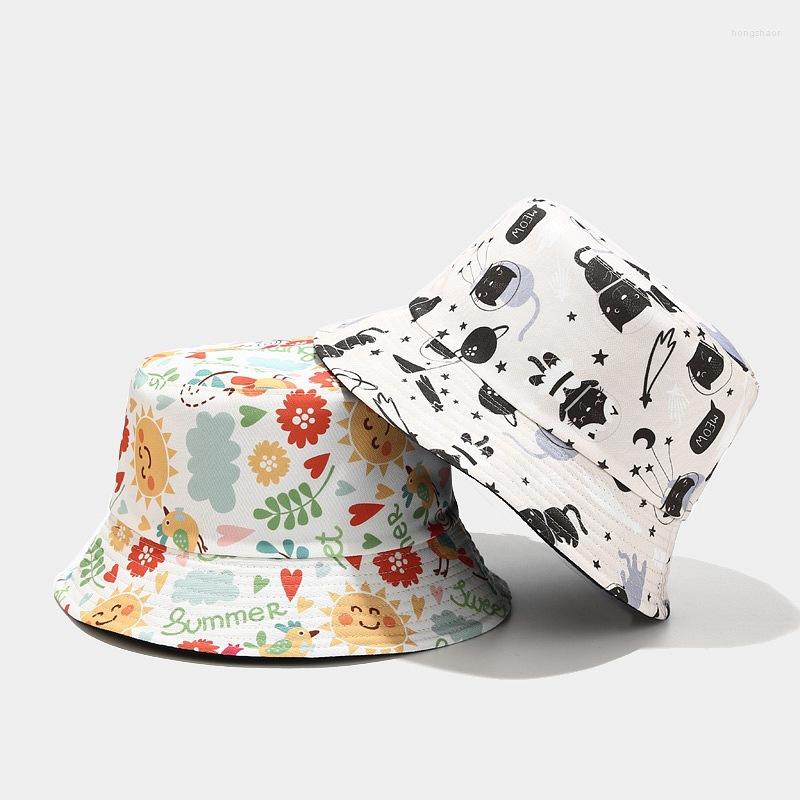 

Berets 2023 Fresh Bucket Hat Male And Female Cute Cartoon Pattern Double-Sided Wear Spring Summer Sun, 12 colors