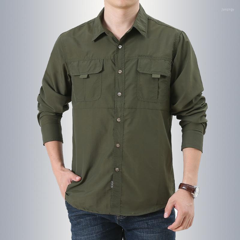 

Men's Dress Shirts Hiking Fishing Military Tactical Shirt Men Breathable Quick-drying Blouse Long Sleeve Cargo Working Camisa Man Outdoor UV, Gray