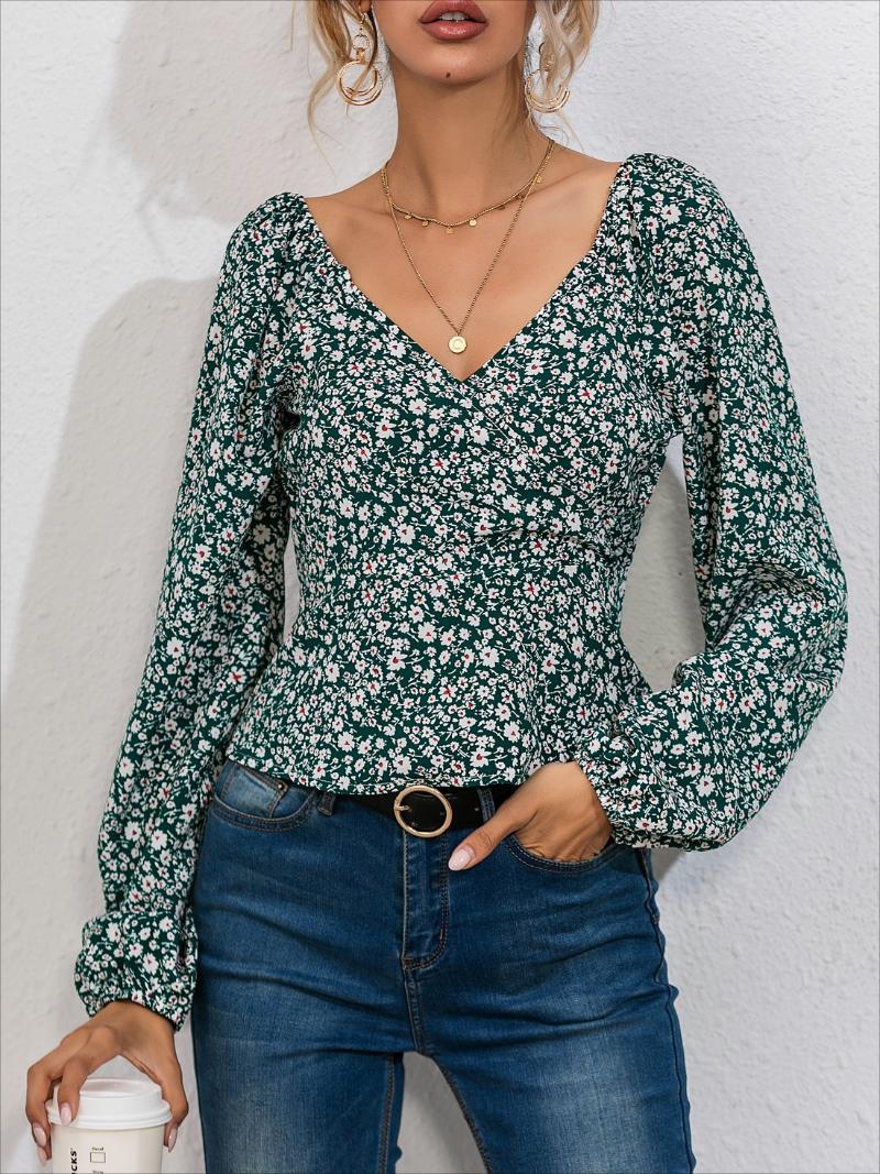 

Women's Blouses Allover Floral Print V-Neck Puff Sleeve Shirt Female Elegant Casual Women Blouse 2023 Spring&Autumn Fashion Office, Green